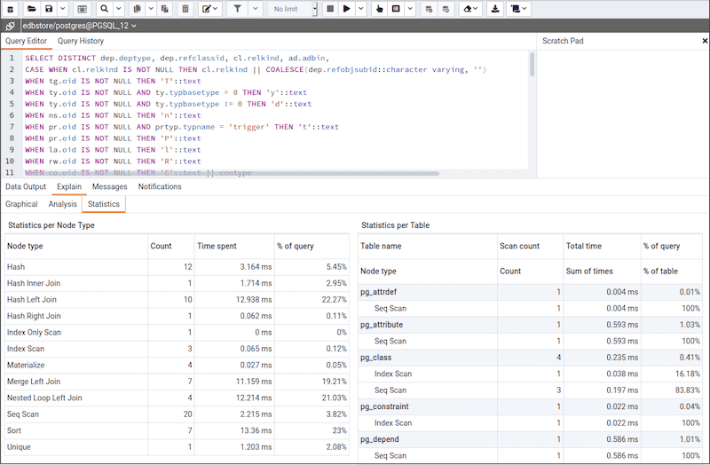 Query tool - Explain plan tab - Statistics tab