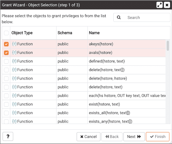 Grant Wizard - Object Selection page