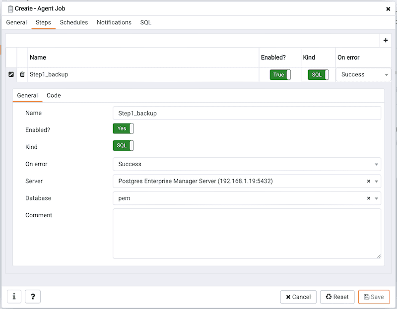 Create Agent Job dialog - Steps tab