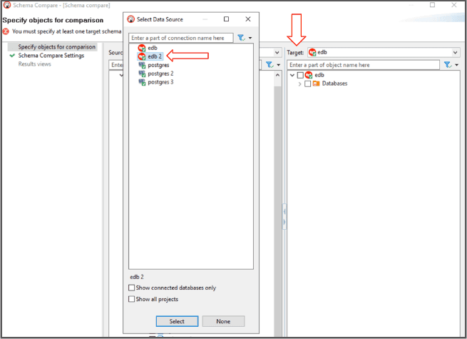 Select Target Source for Schema Compare