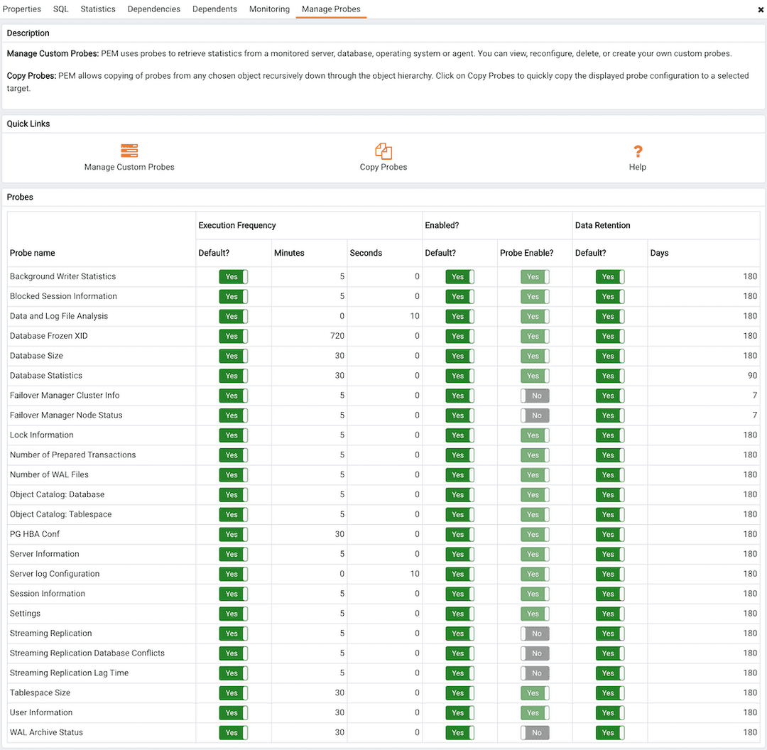 Manage Probes tab